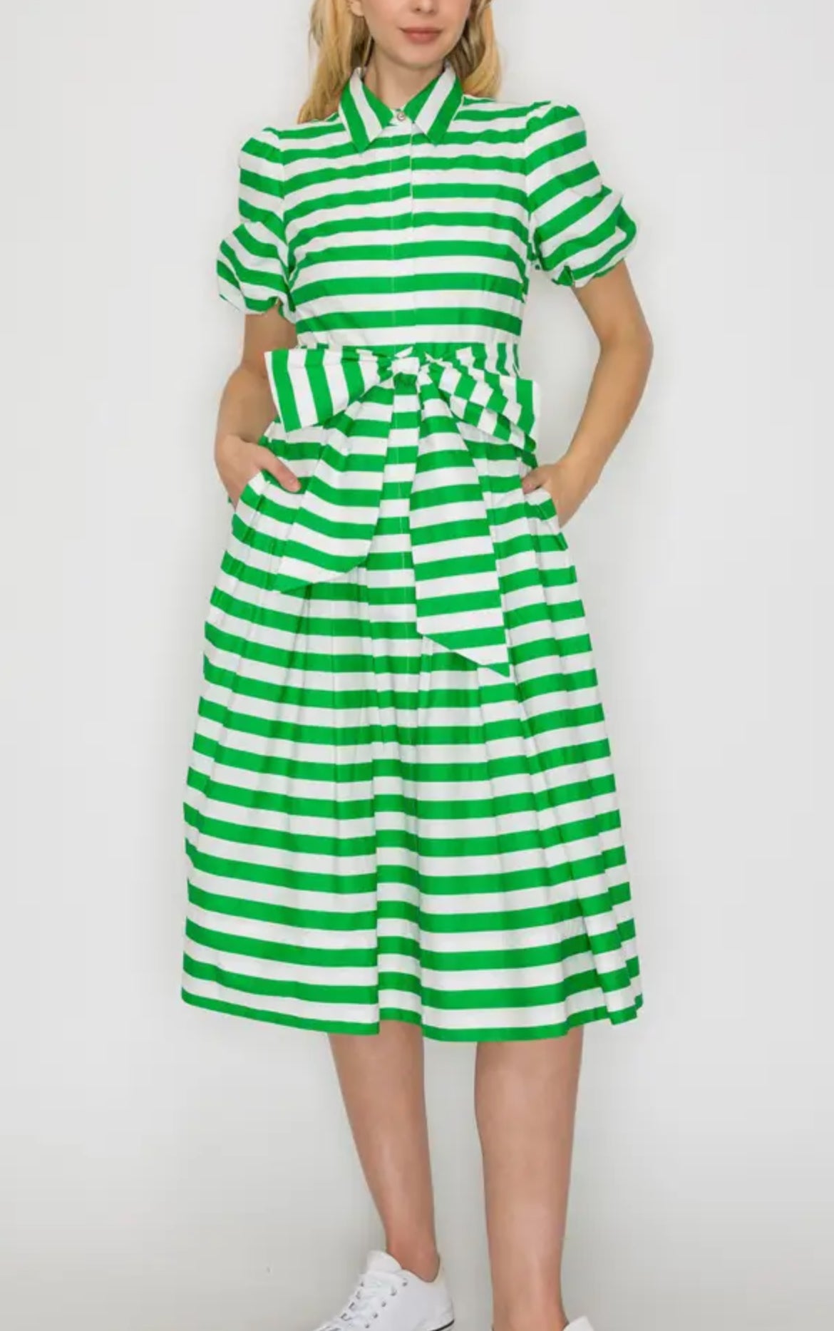 The classic button down poplin shirt dress with pockets .