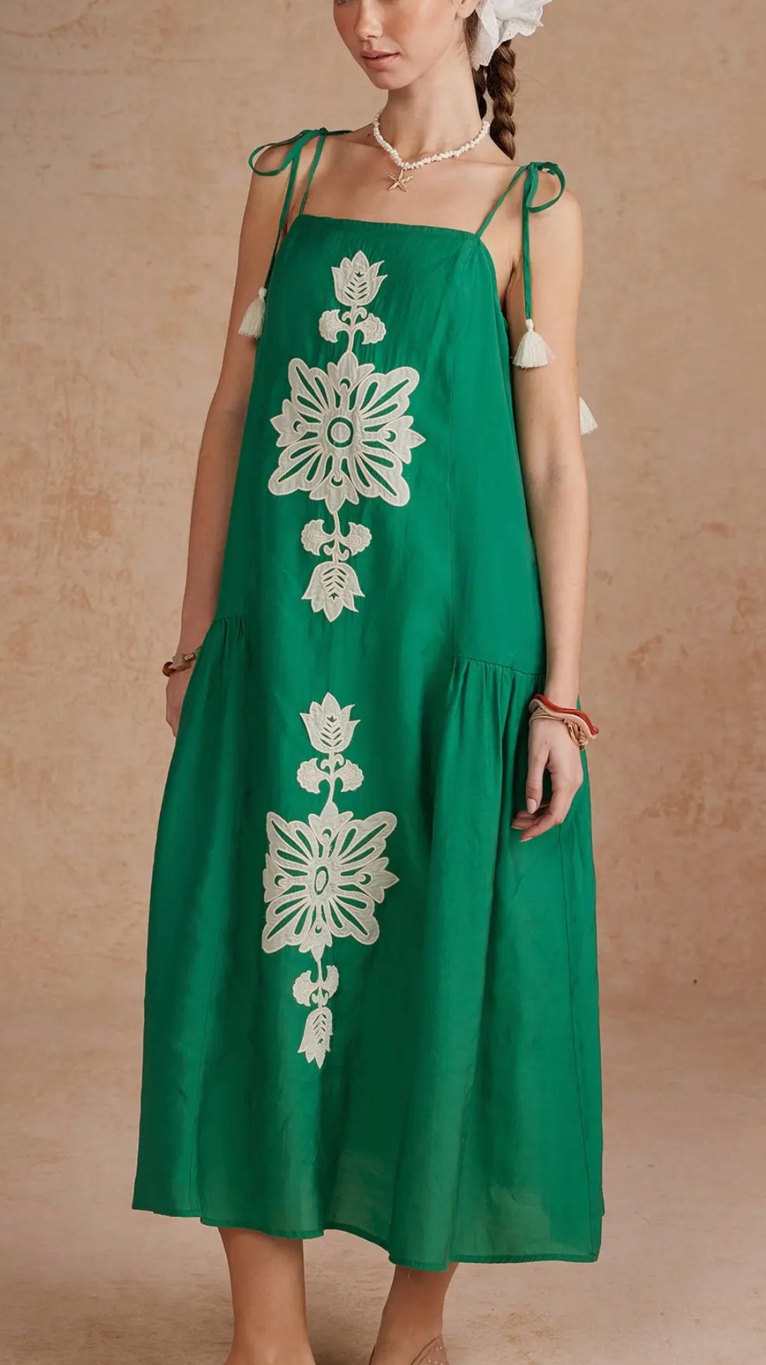 Boho Floral Embroidered Tie Strap  Midi Dress