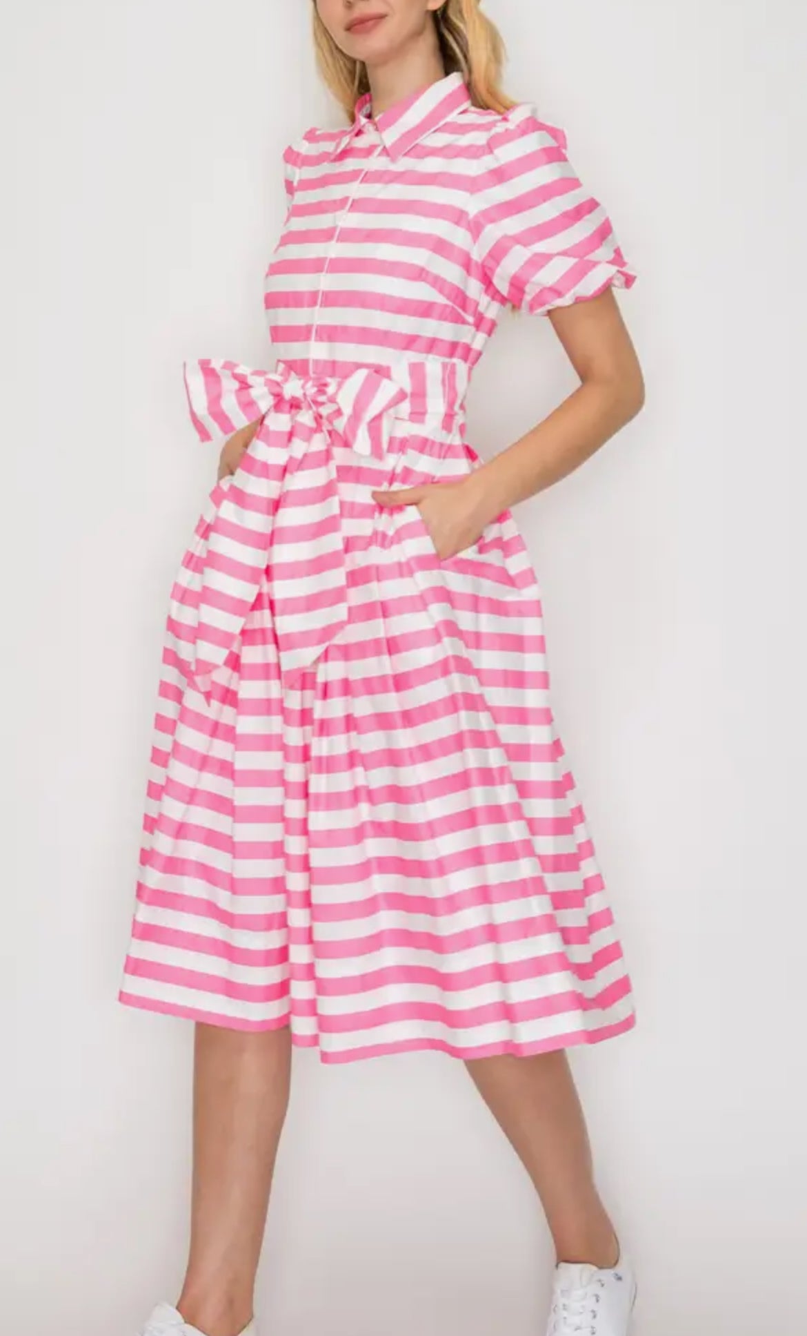 The classic button down poplin shirt dress with pockets .