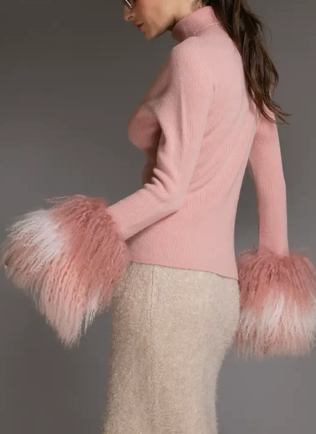 Luxury + Simplicity Mongolian Sheared Wool Cuff pink Sweater.
