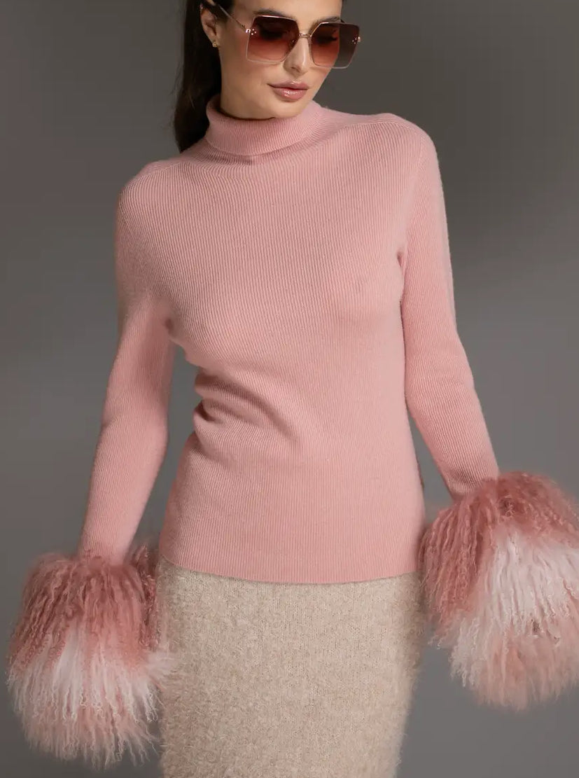 Luxury + Simplicity Mongolian Sheared Wool Cuff pink Sweater.