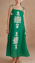 Boho Floral Embroidered Tie Strap  Midi Dress