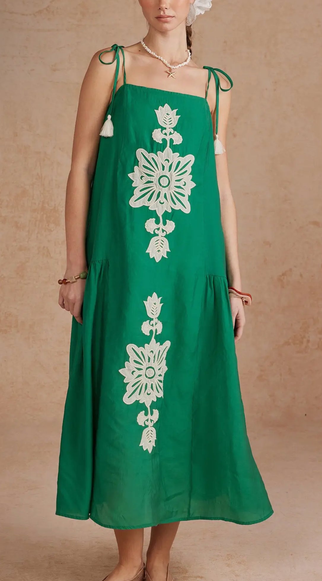 Boho Floral Embroidered Tie Strap  Midi Dress